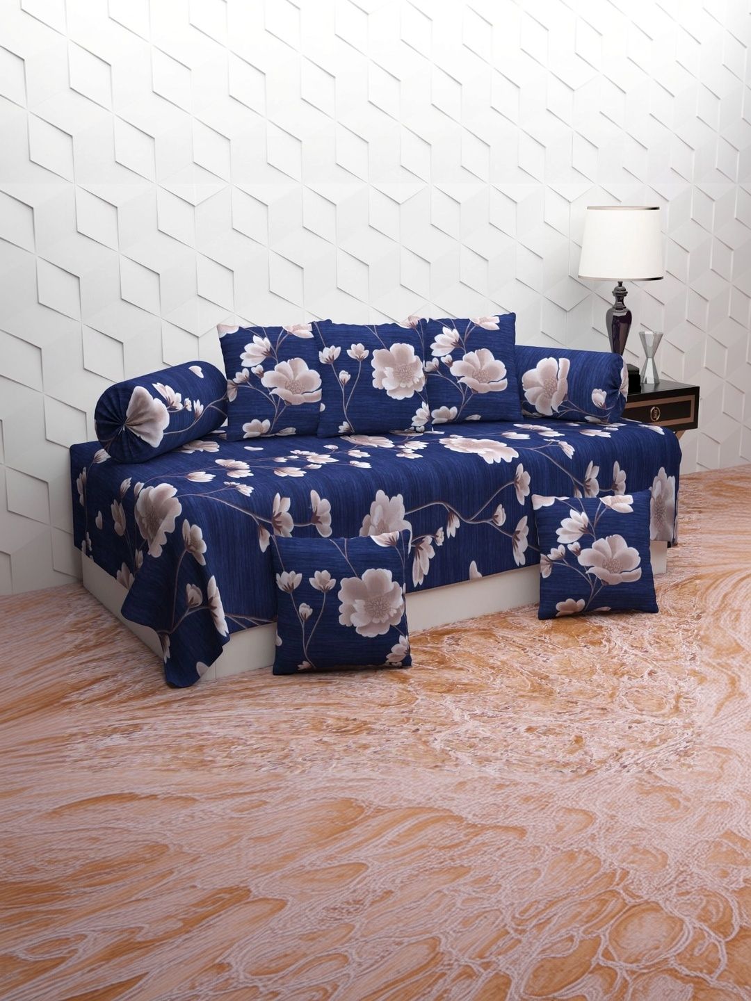 bromwick 8 pieces blue printed bedsheet with bolster & cushion covers