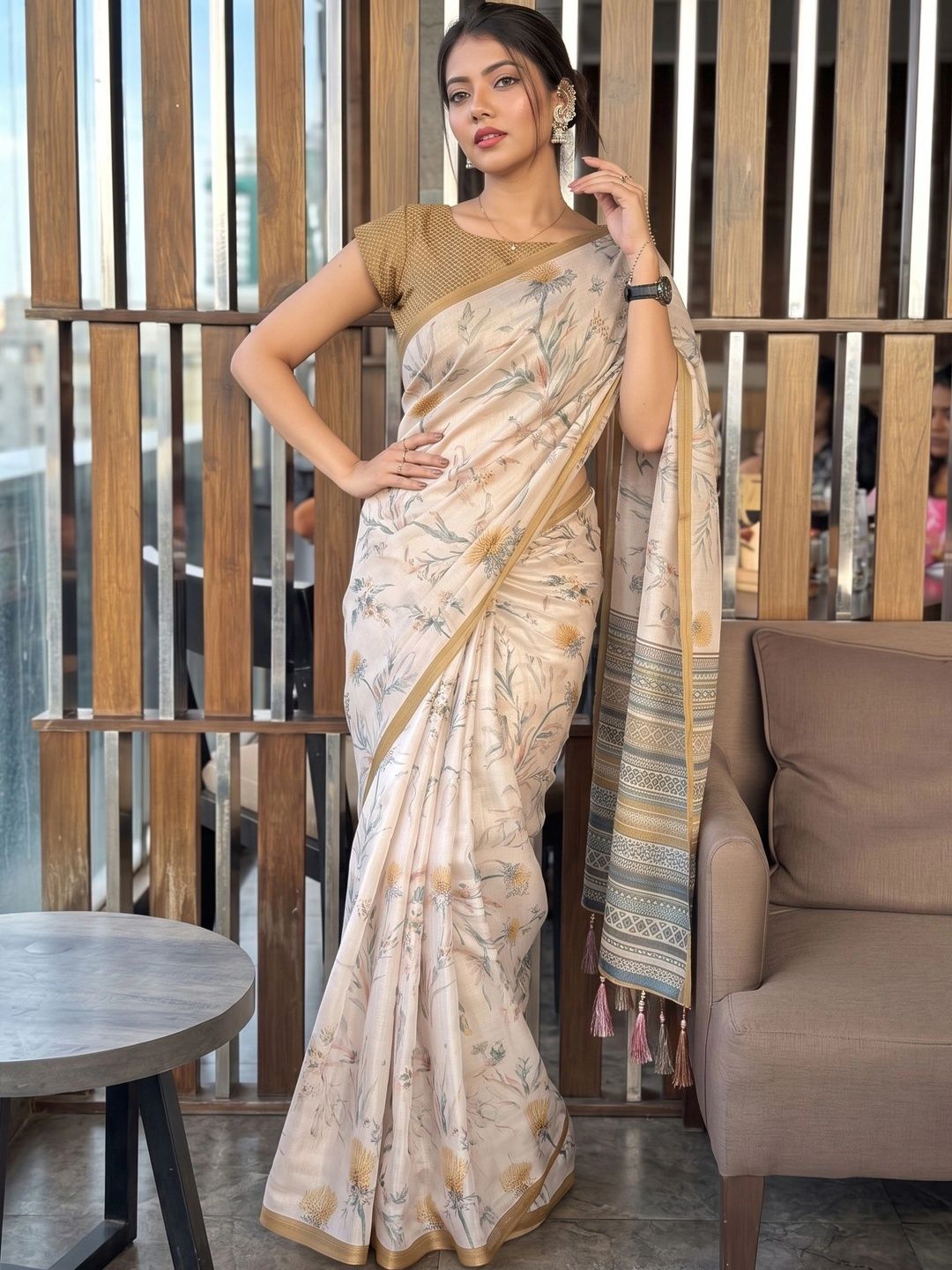 ANAAYA Floral Pure Cotton Khadi Saree