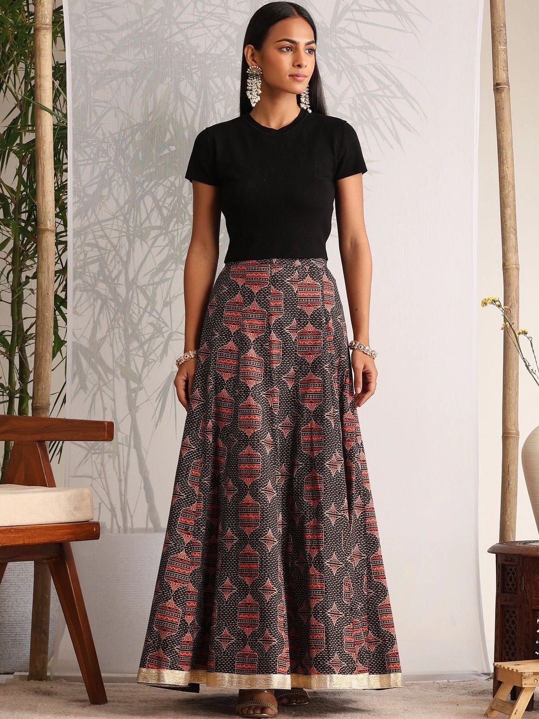 Khushal K Khushal K Women Pure Cotton Cotton Cambric Geometric Maxi Flared Skirt