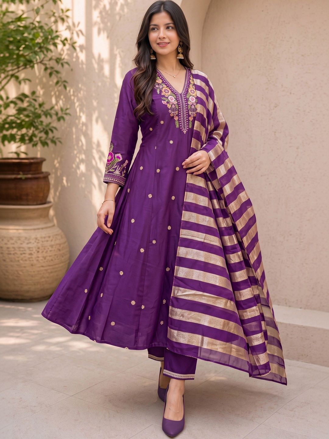 MYRIE Women Ethnic Motifs Embroidered Empire Thread Work Raw Silk Kurta with Trousers & With Dupatta