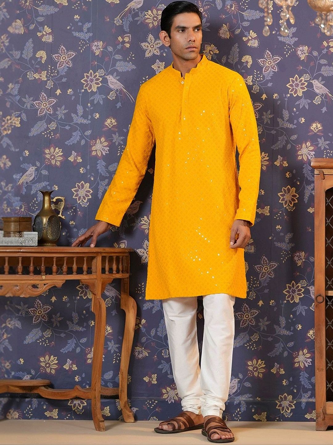 House of Pataudi Men's Viscose Rayon Embellished Long Sleeves Mandarin Collar Kurta
