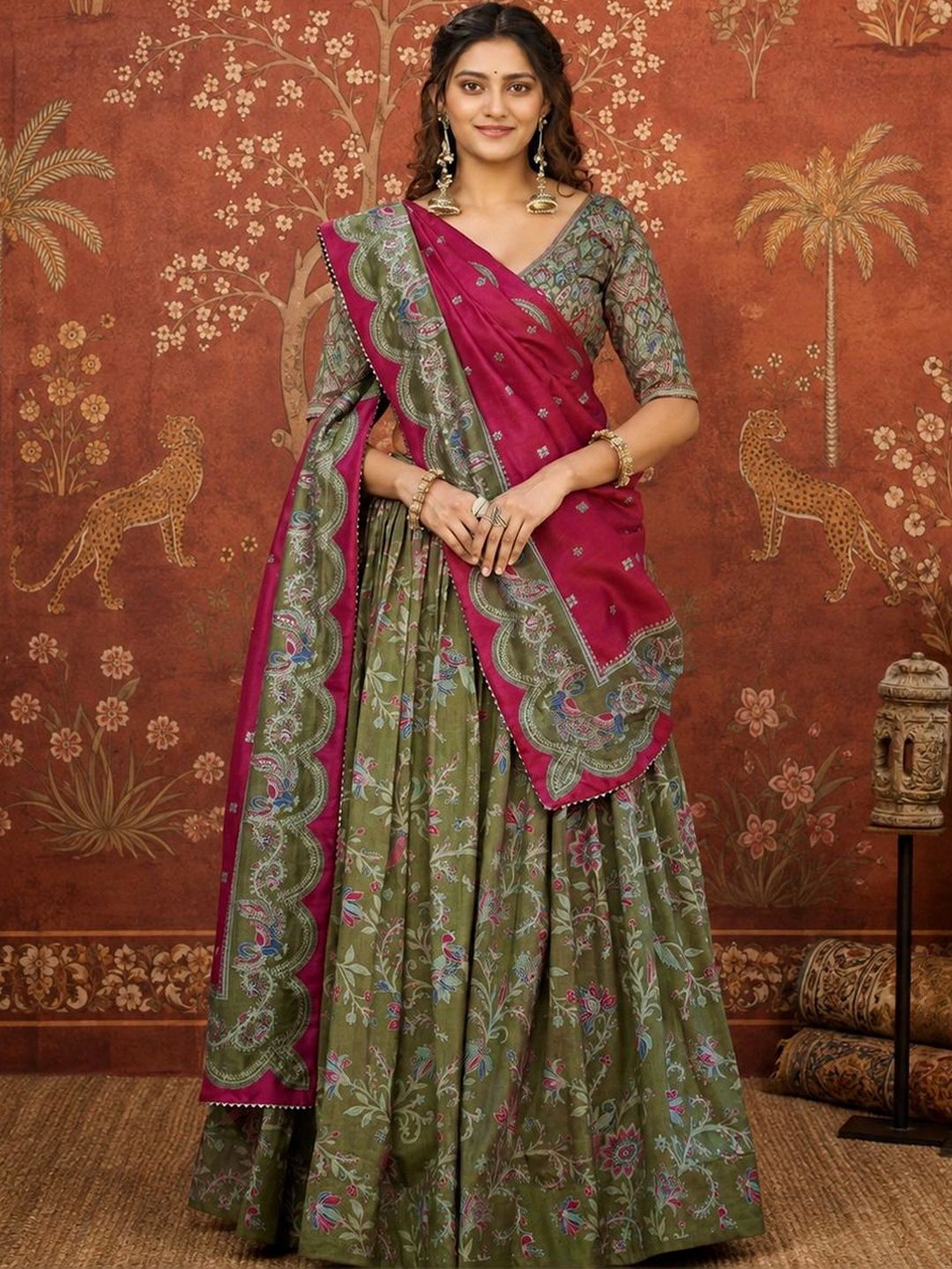 Sangria Printed Semi-Stitched Lehenga & Unstitched Blouse With Dupatta