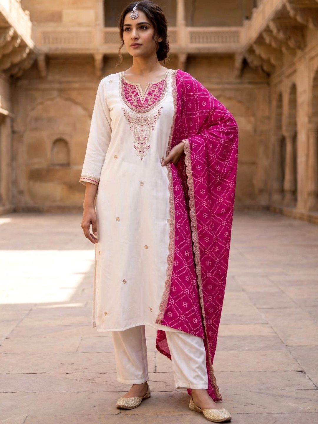 KALINI KALINI Women Ethnic Motifs Embroidered Regular Thread Work Kurta with Trousers & With Dupatta
