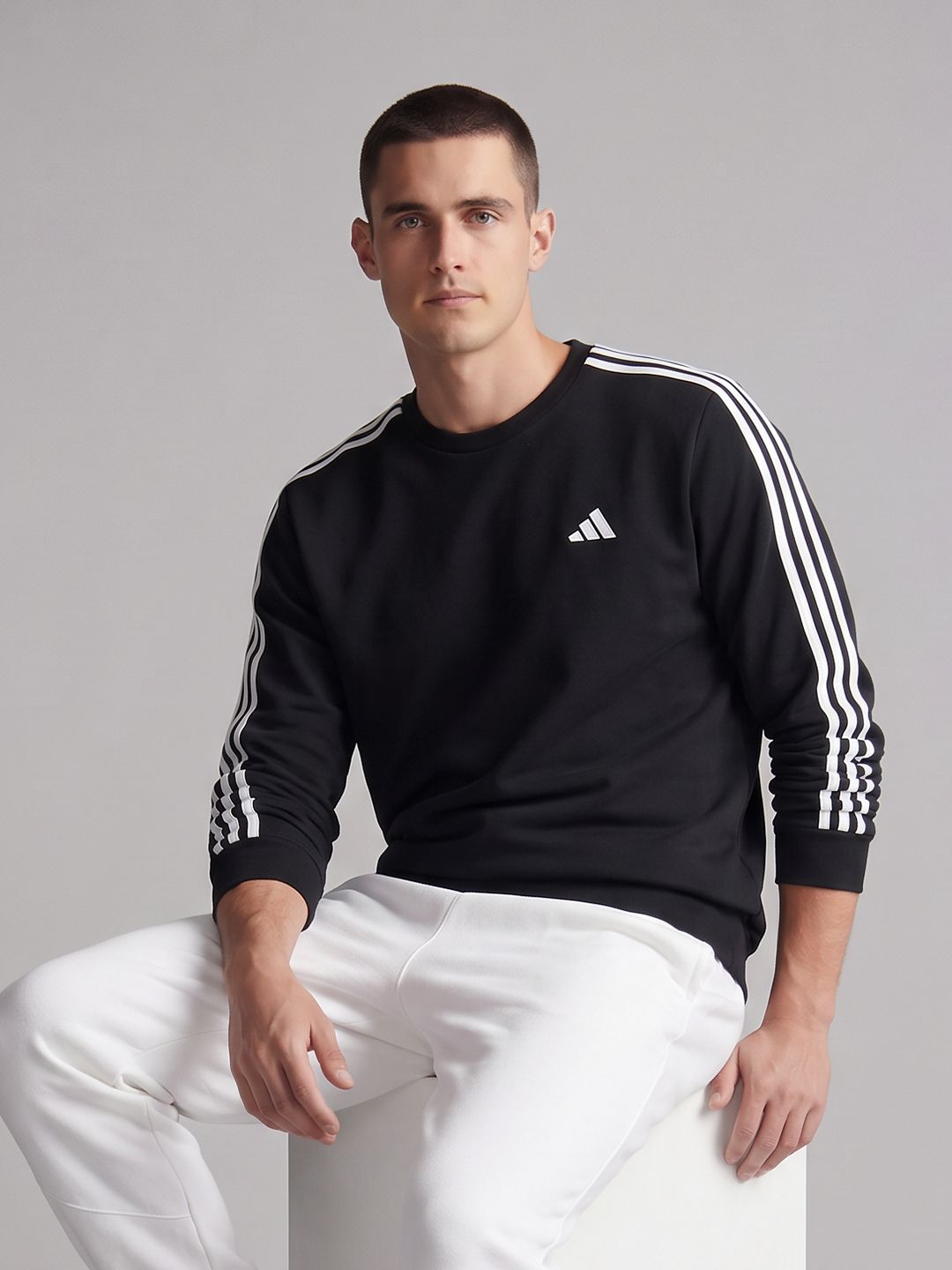 ADIDAS Striped Brand Logo Embroidered Sweatshirt