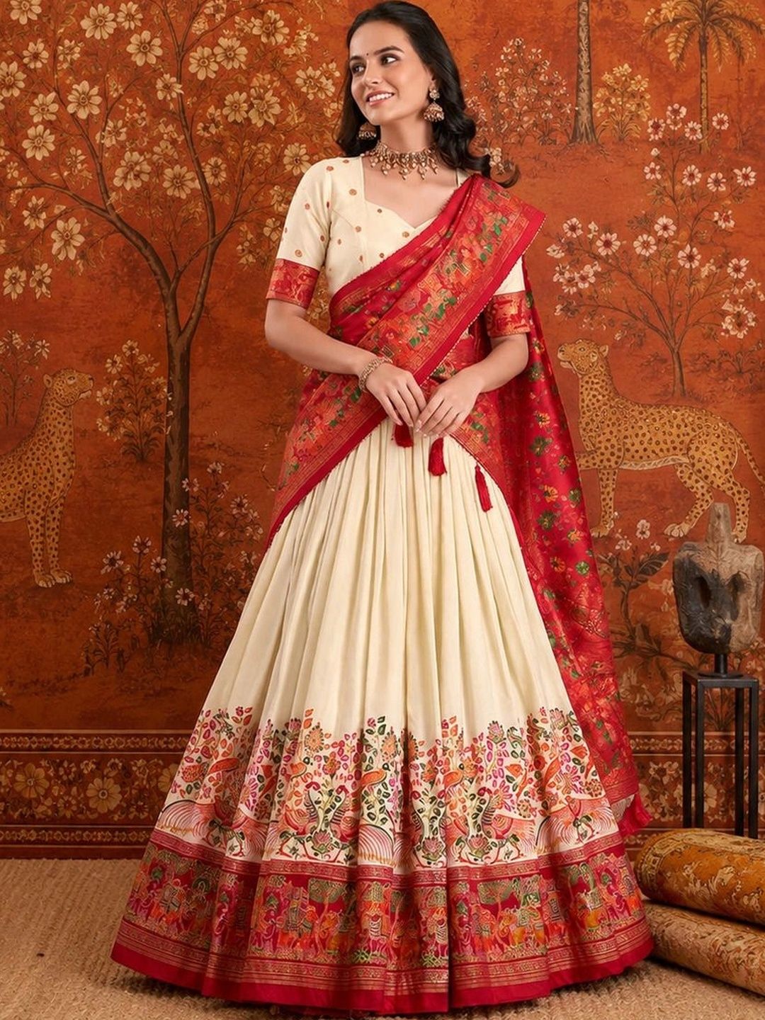 Sangria Embellished Thread Work Semi-Stitched Lehenga & Unstitched Blouse With Dupatta