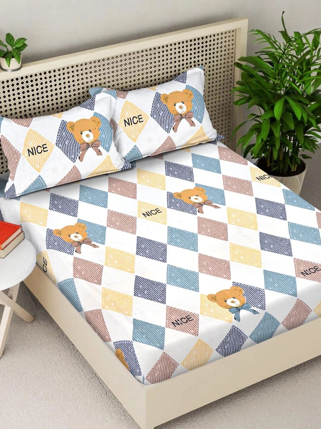 Myntra Elegant Homes Multicoloured & Blue Cartoon Characters 300 TC King Bedsheet with 2 Pillow Covers-picture-21