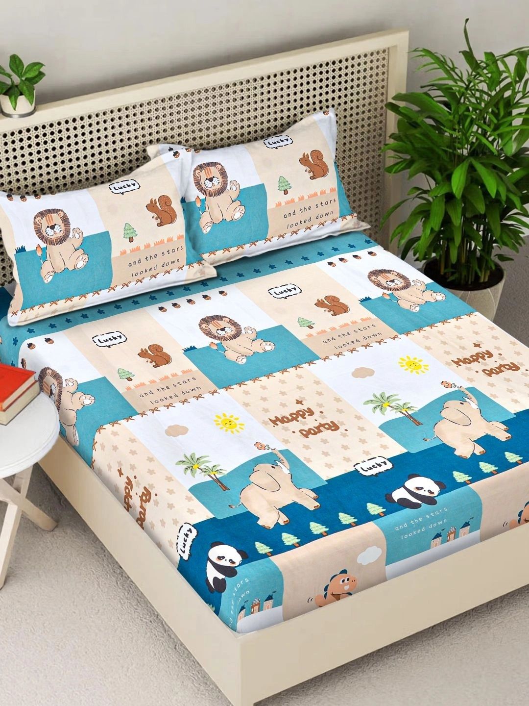 Myntra Elegant Homes Multicoloured & Blue Cartoon Characters 300 TC King Bedsheet with 2 Pillow Covers-picture-22