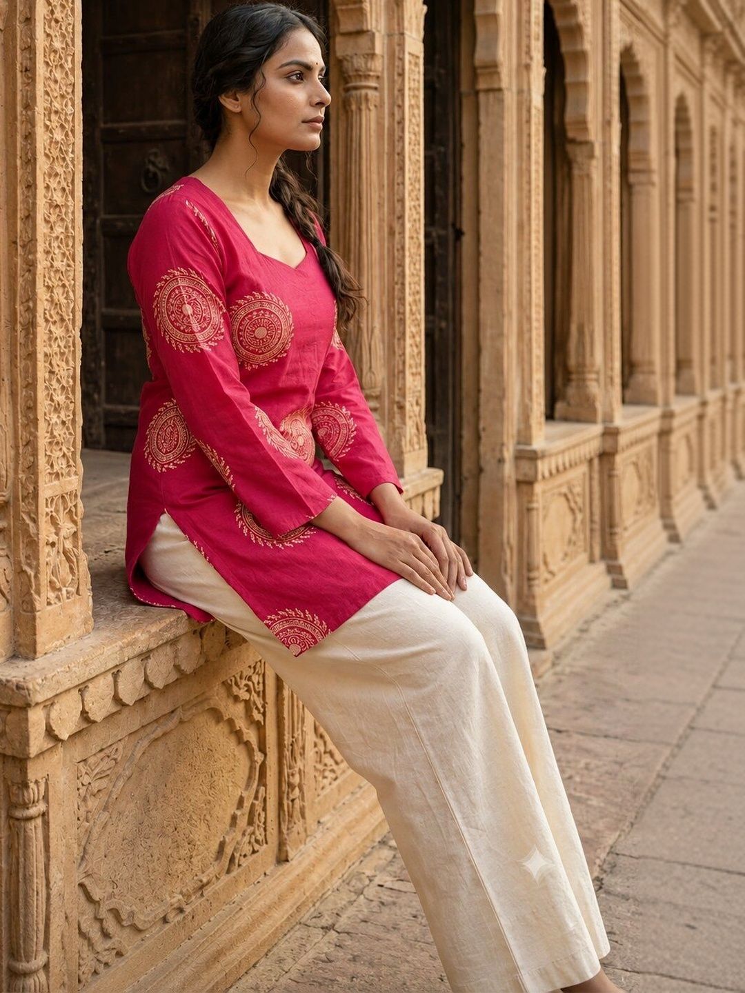 Anouk Rustic Ethnic Motifs Printed Square Neck Pure Cotton Kurti