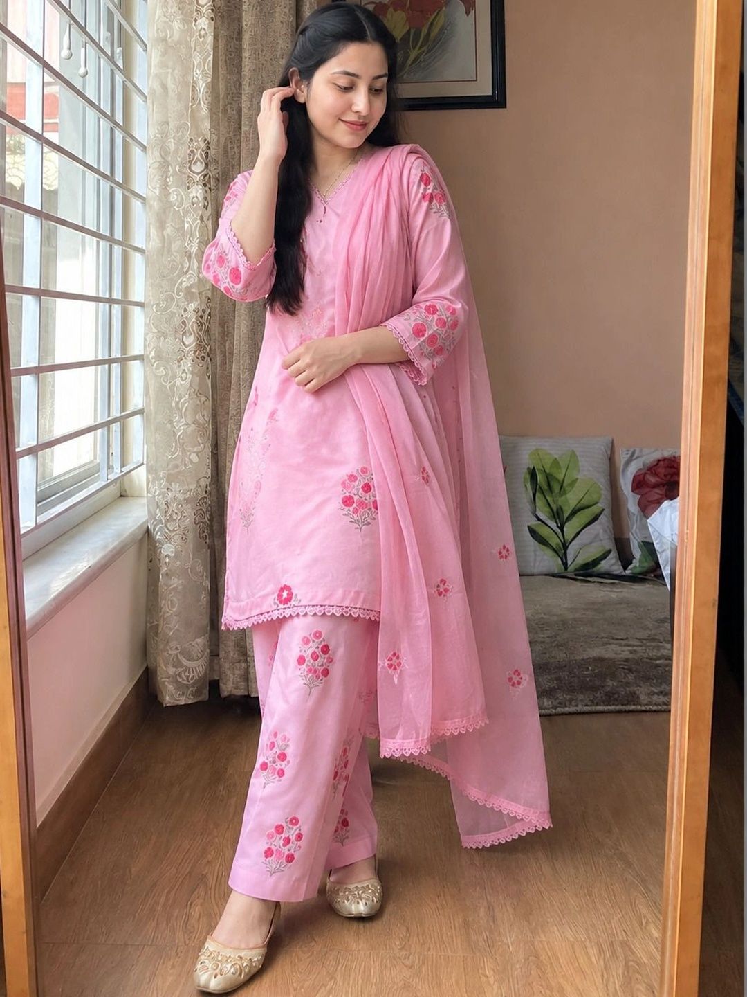 KALINI Women Floral Cotton Kurta with Farsi salwar & With Dupatta