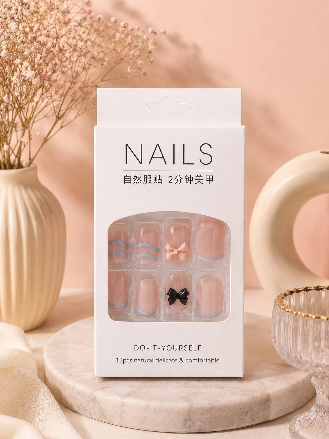 VAGHBHATT Set Of 12 Press-On Nail Extensions with Liquid Glue - Sheer Pink with Baby Blue-picture-19