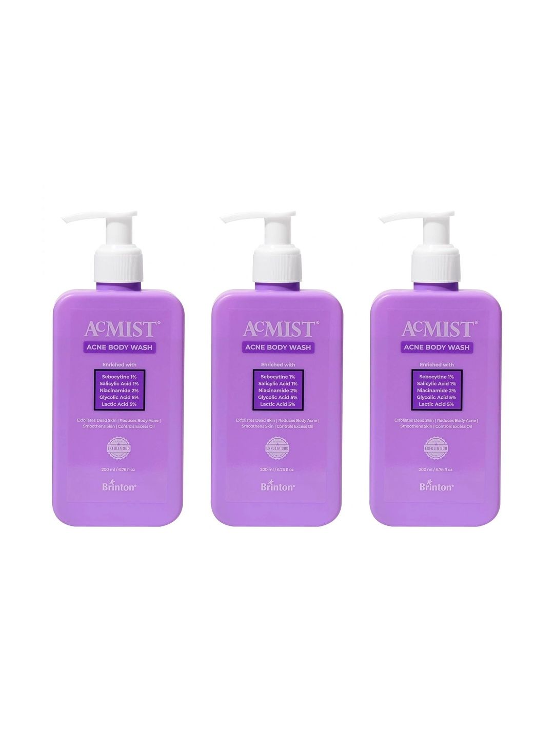 brinton set of 3 acmist acne body wash for truncal acne - 200 ml each