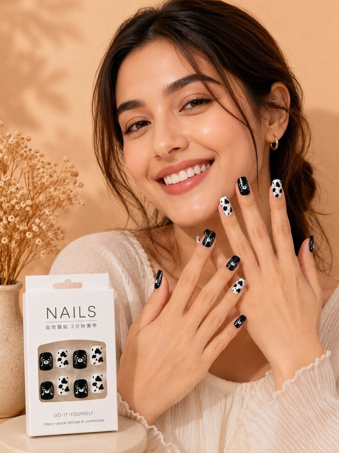 Krelin Set Of 24 Press On Nail Extensions with Liquid Glue -Cute Cow Print Black & White-picture-0