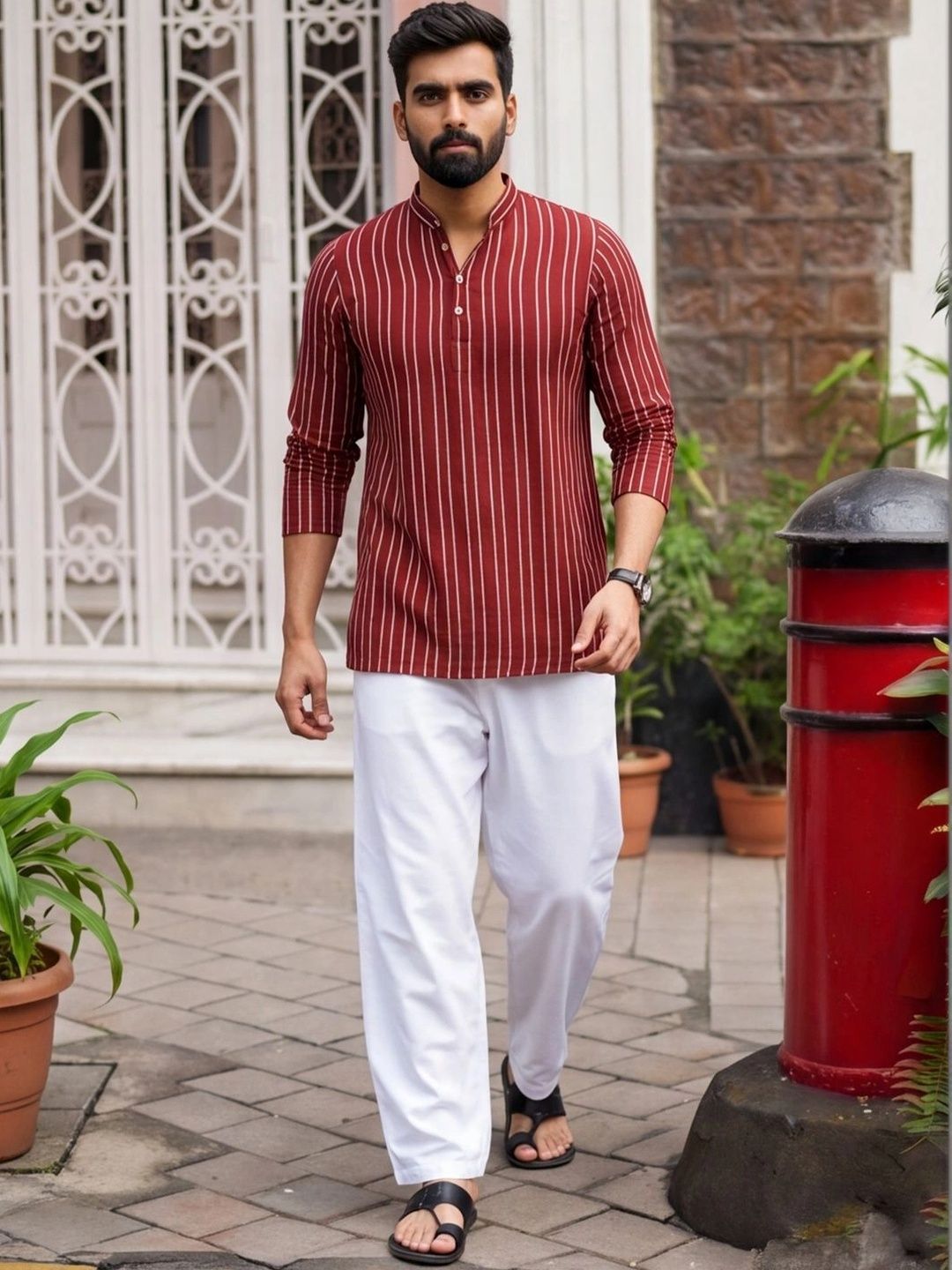 SOURAGYA SOURAGYA Woven Design Cotton Handloom Mandarin Collar Short Kurta