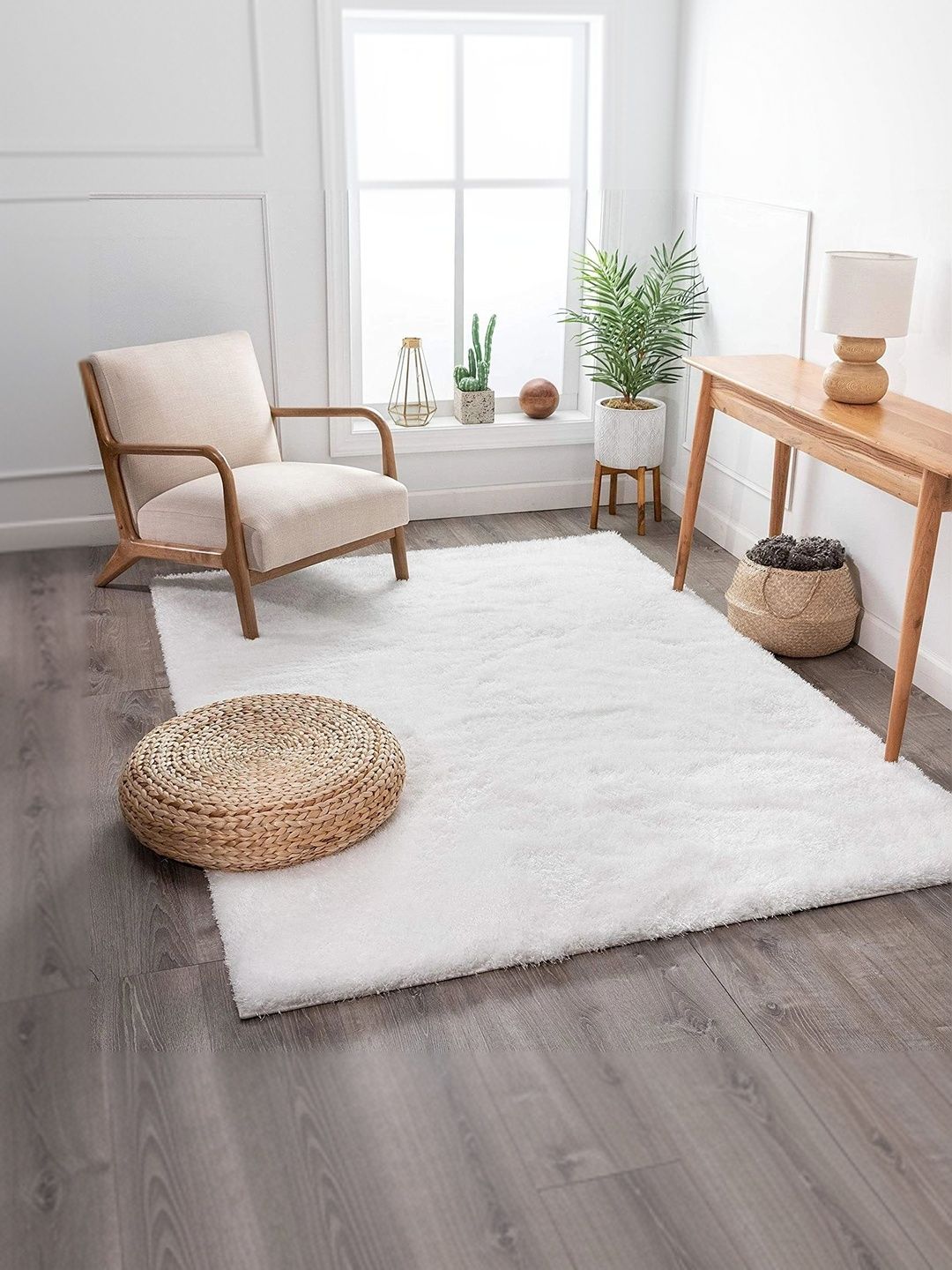 Acarpet Acarpet White Solid Shaggy Polyester Carpet