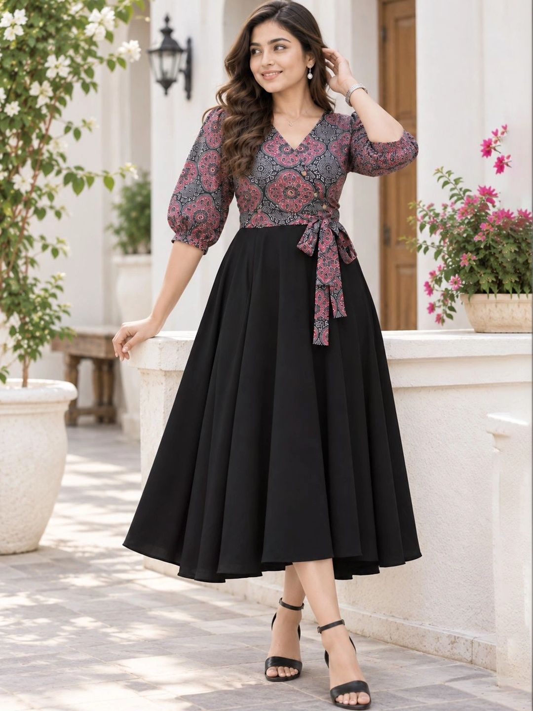SHINISHA SHINISHA Ethnic Motifs Print Puff Sleeve A-Line Midi Dress