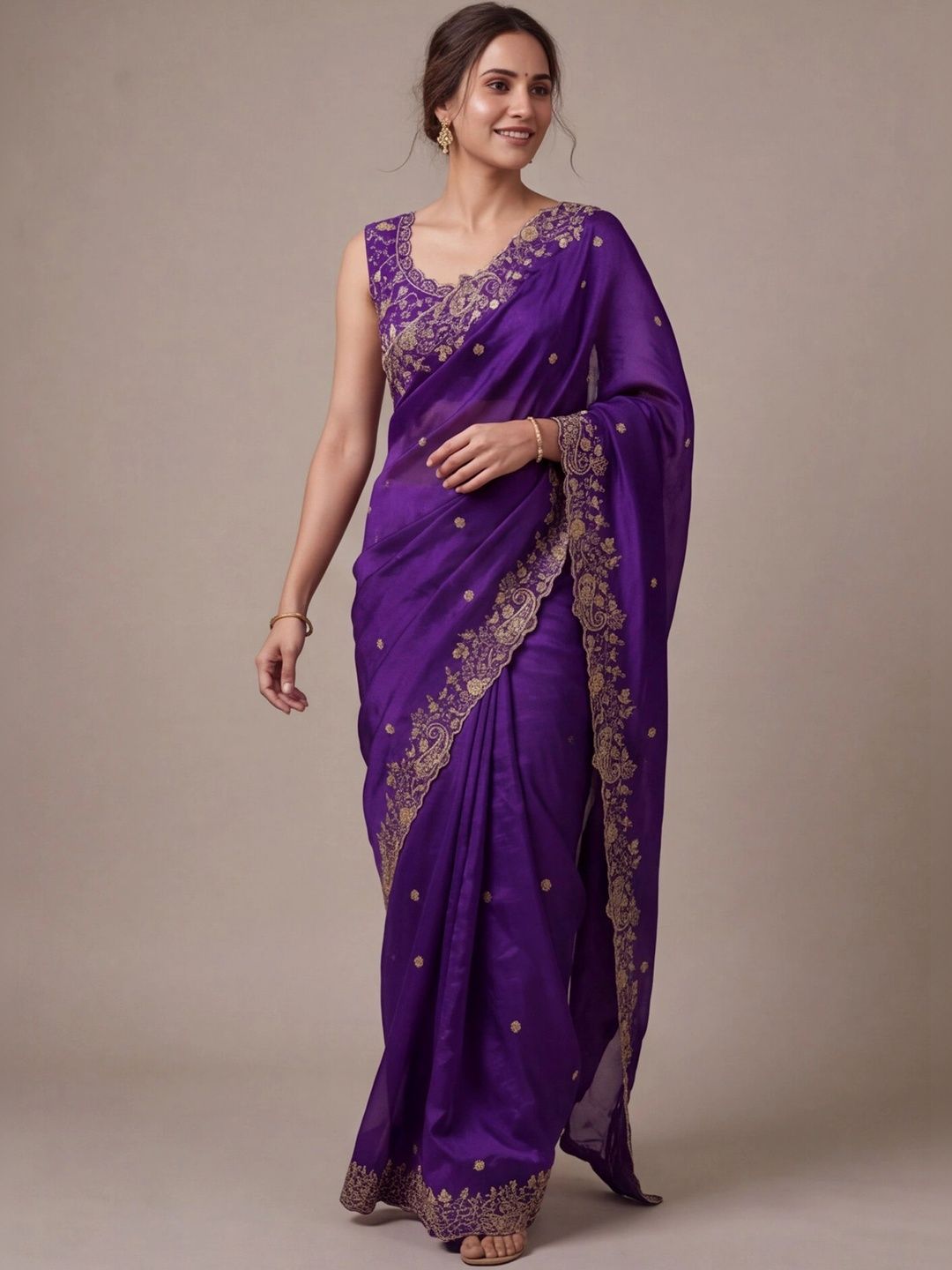 Anouk Rustic Embroidered Satin Fusion Saree