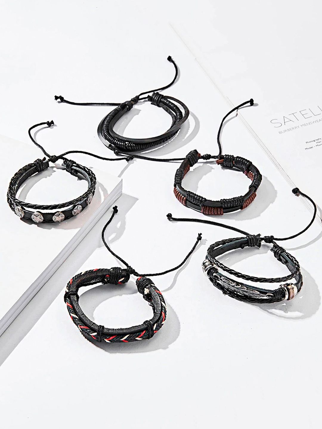 Yellow Chimes Yellow Chimes Unisex Set of 5 Black & Red Leather Stackable Multistrand Bracelets