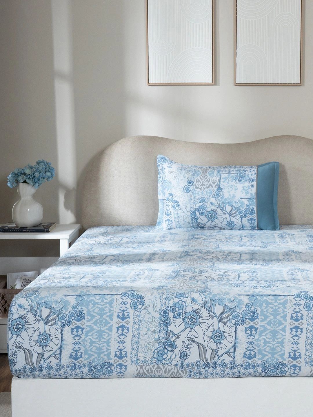 MASPAR Blue Floral Printed 100% Cotton Fitted 300 TC Single Bedsheet with 1 Pillow Cover-picture-27