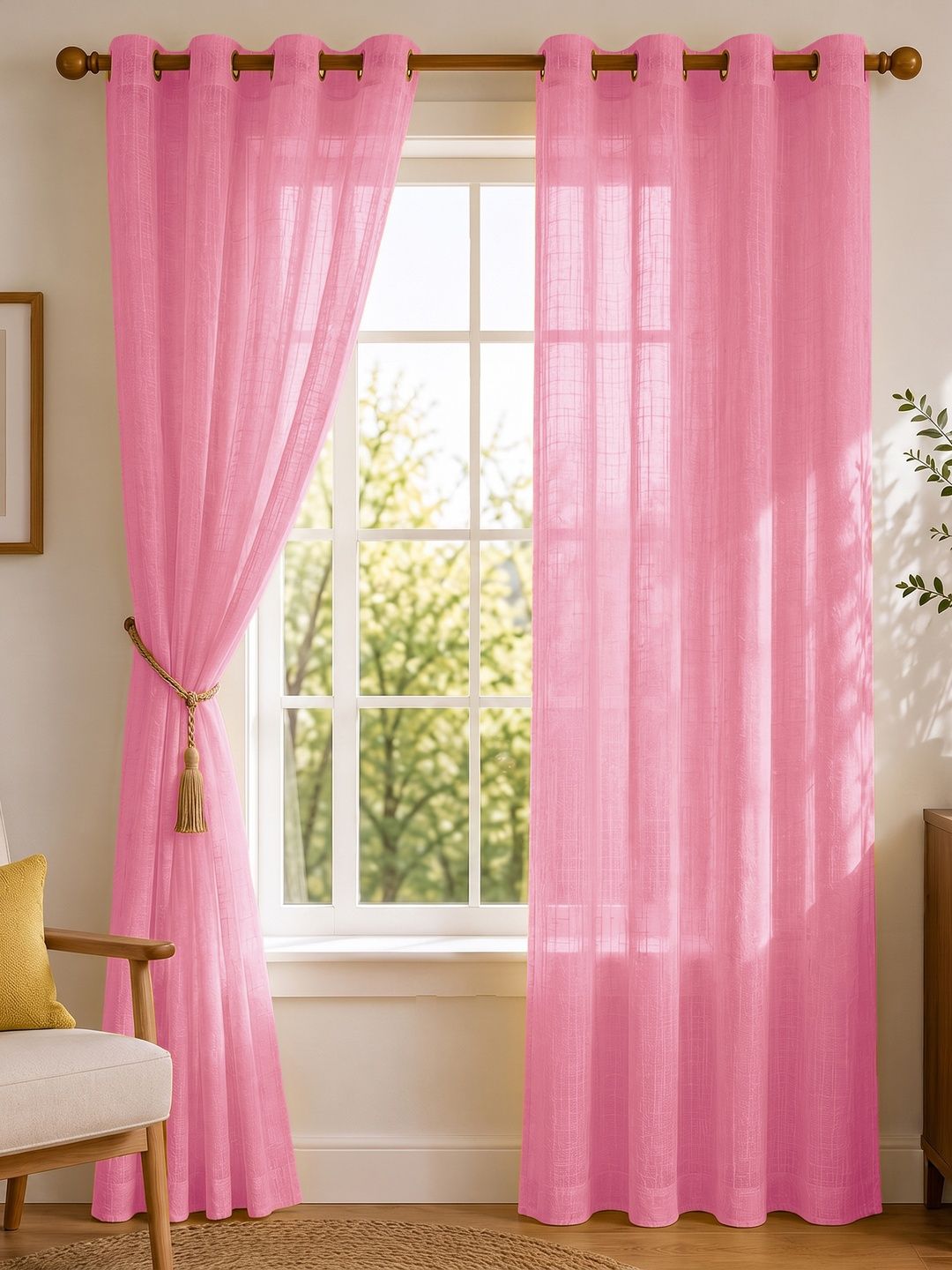 HOMEMONDE Pink Set of 2 Cotton Solid Sheer Door Curtains
