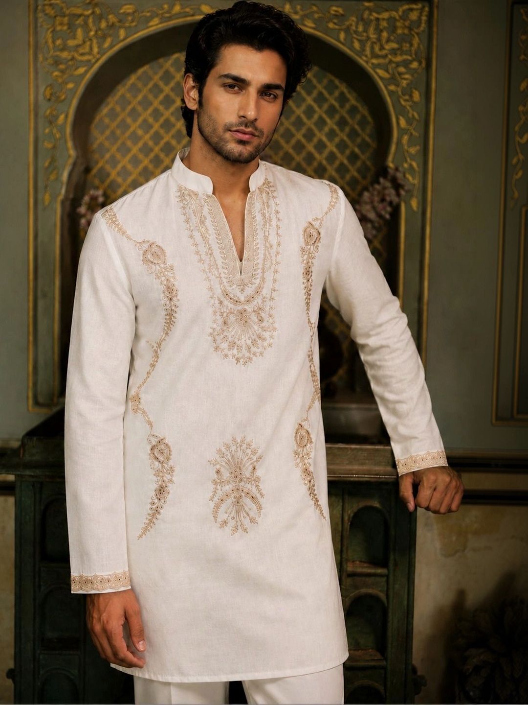 House of Pataudi Men Ethnic Motifs Embroidered Regular Thread Work Kurta with Pyjamas-picture-49