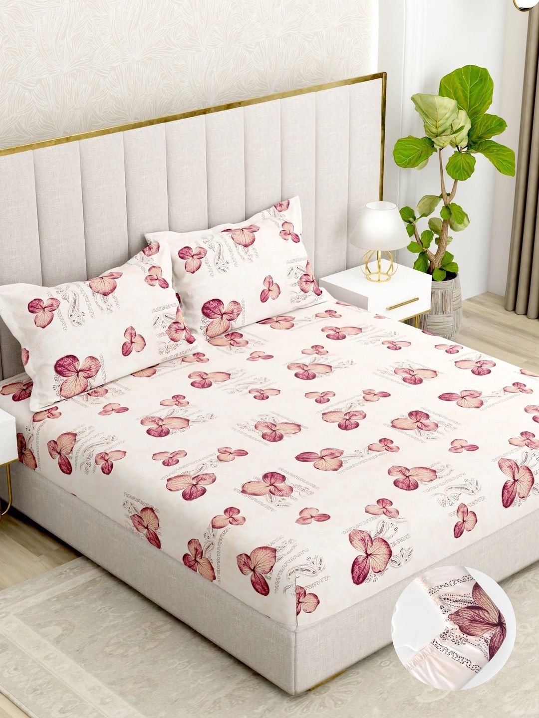 Pure Decor Pink & Red Floral 180 TC Bedsheet with 2 Pillow Covers-picture-18