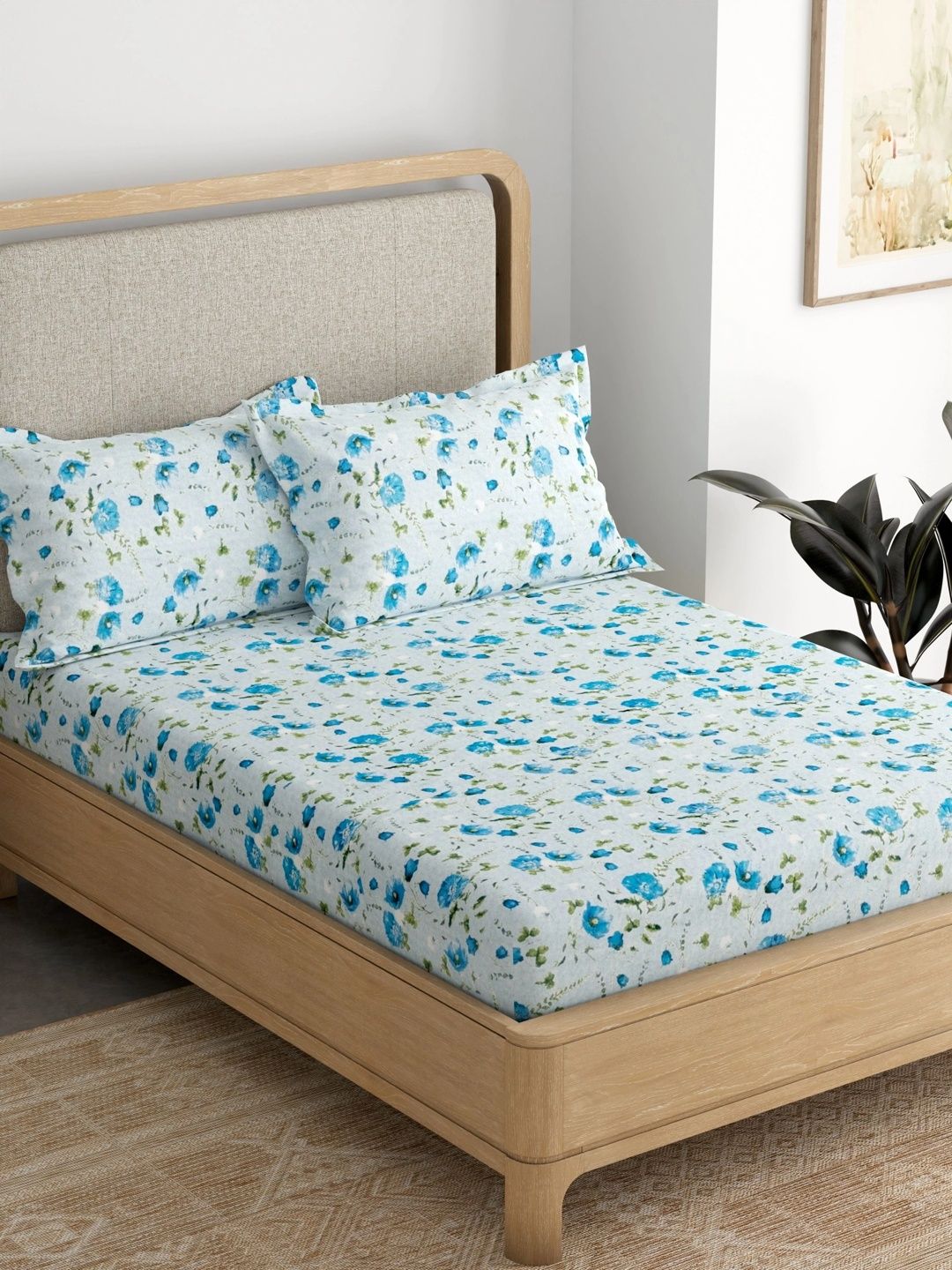 Pure Decor Blue & Green Floral 180 TC Single Bedsheet with 2 Pillow Covers-picture-26