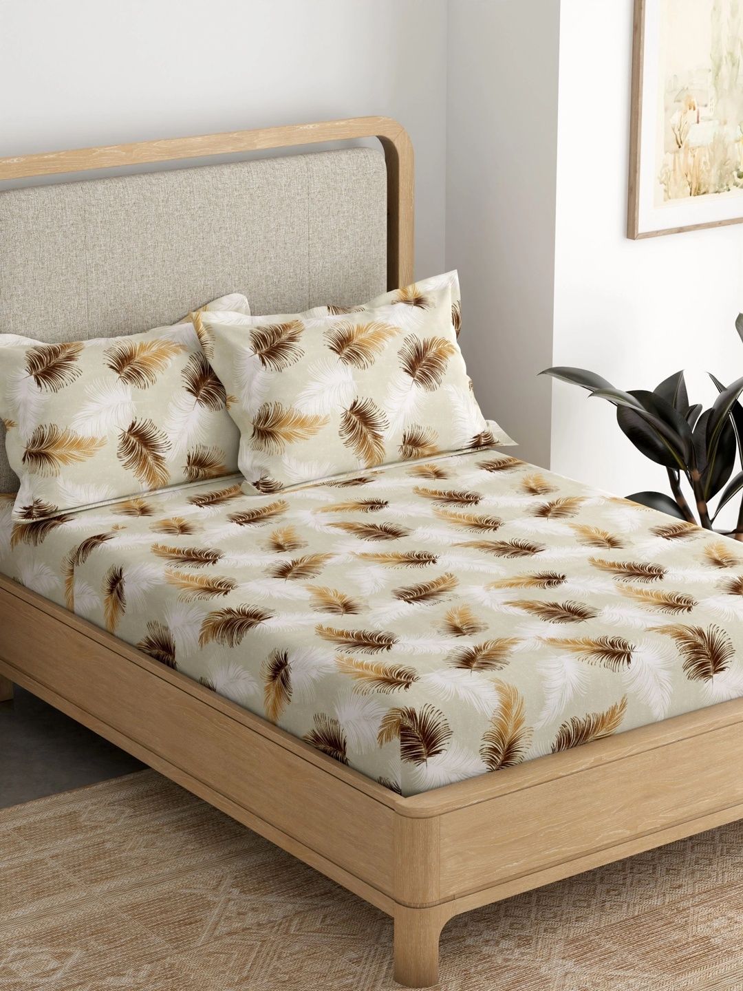 pure decor cream-coloured & brown 180 tc single bedsheet with 2 pillow covers