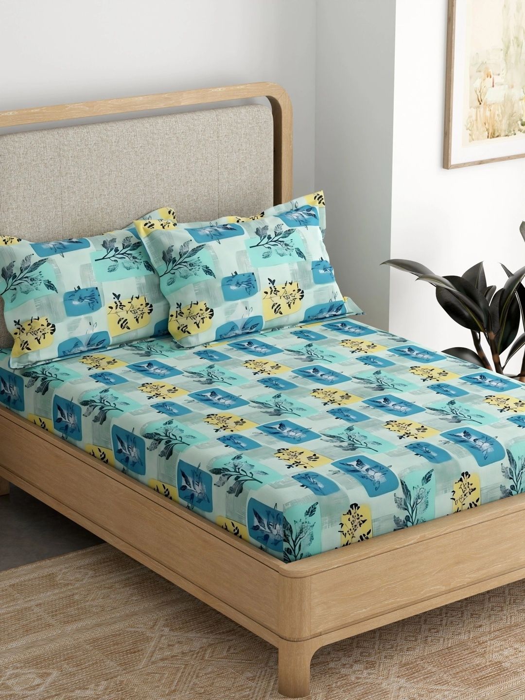 Pure Decor Yellow & Blue Floral 180 TC Single Bedsheet with 2 Pillow Covers-picture-20