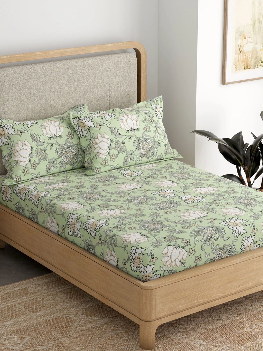 Pure Decor Green & White Floral 180 TC Single Bedsheet with 2 Pillow Covers-picture-22