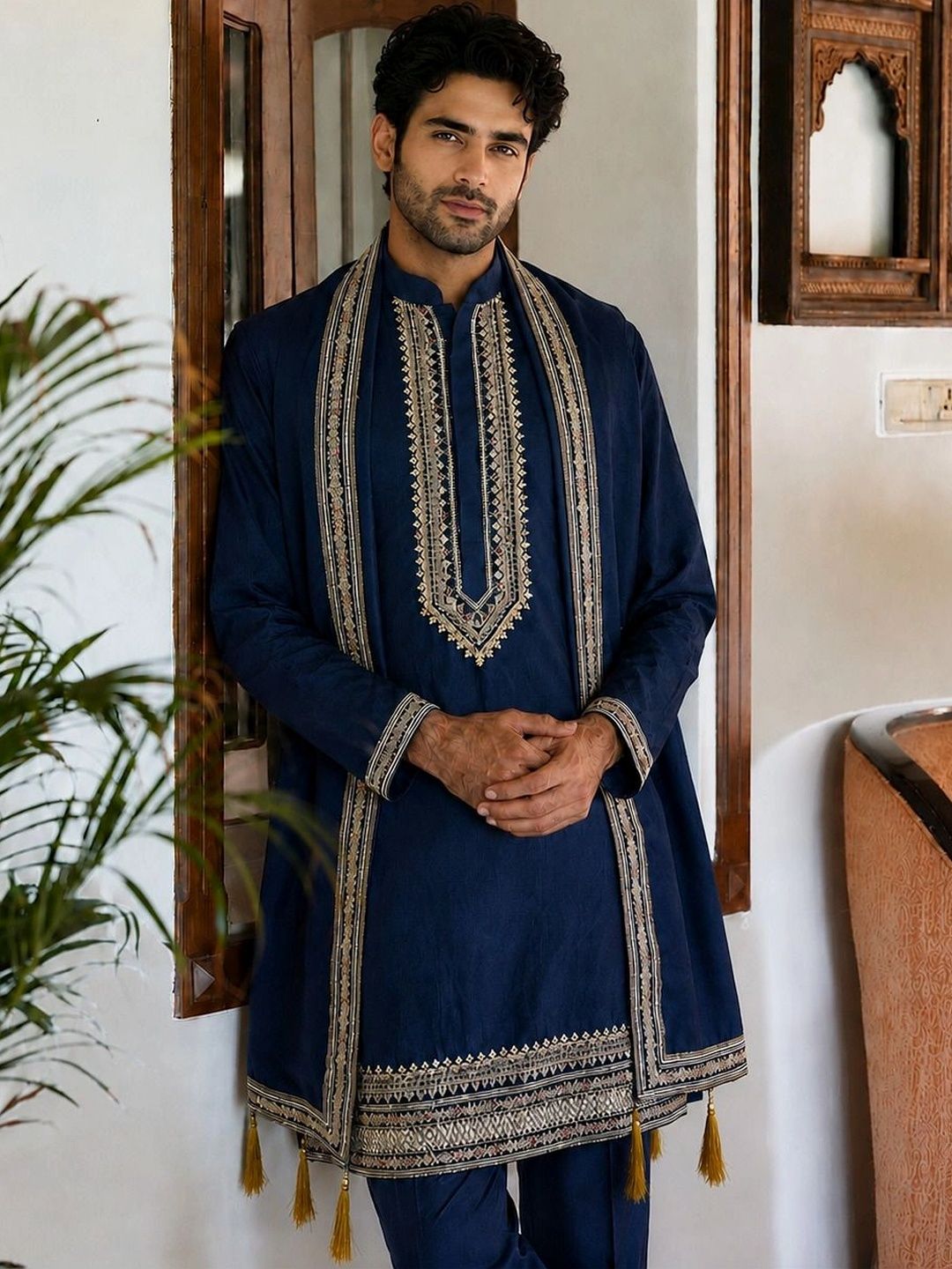 House of Pataudi Men Ethnic Motifs Embroidered Regular Thread Work Kurta with Trousers & With Dupatta-picture-7