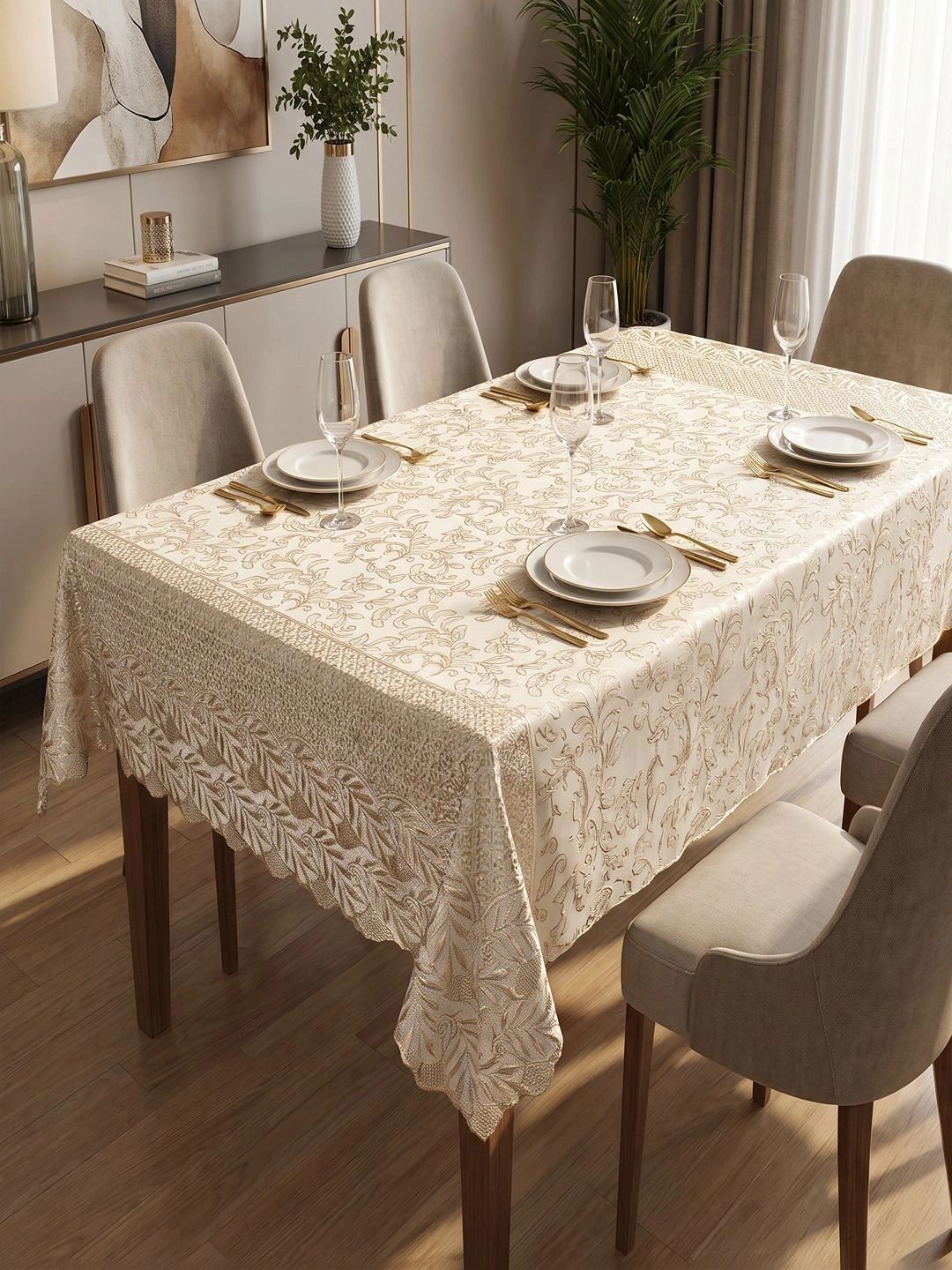 DPA Collection DPA Collection Gold-Toned Floral Waterproof 6-Seater Table Cover with Embroidered details