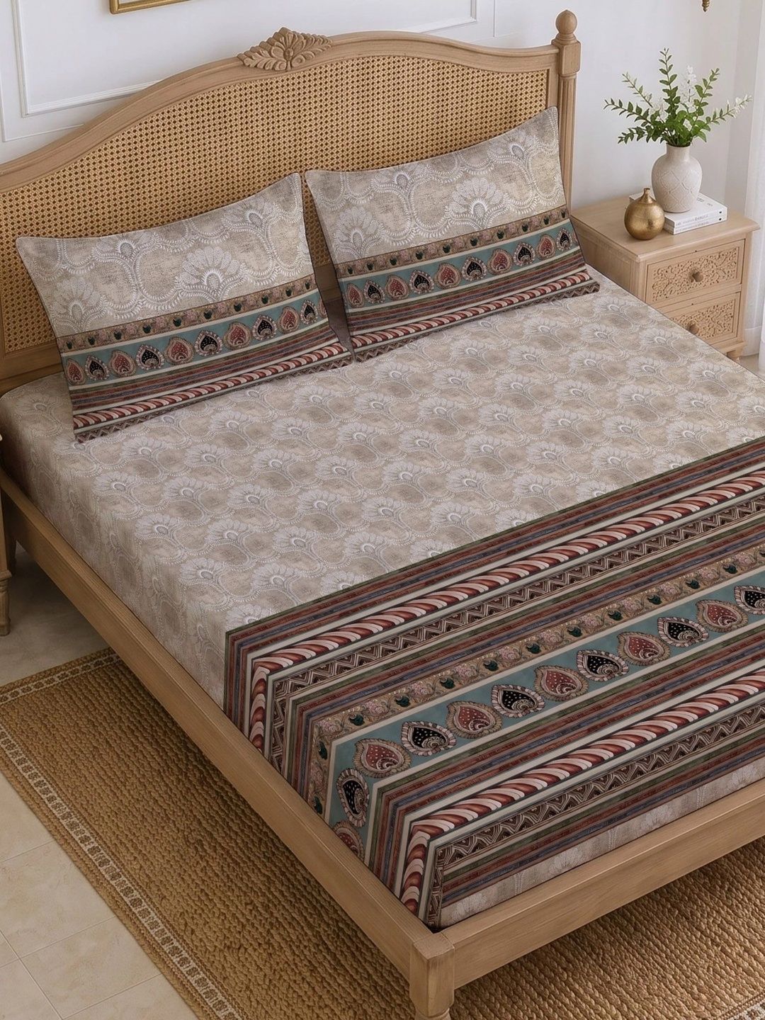 chhavi india beige & green graphic 210 tc king bedsheet with 2 pillow covers