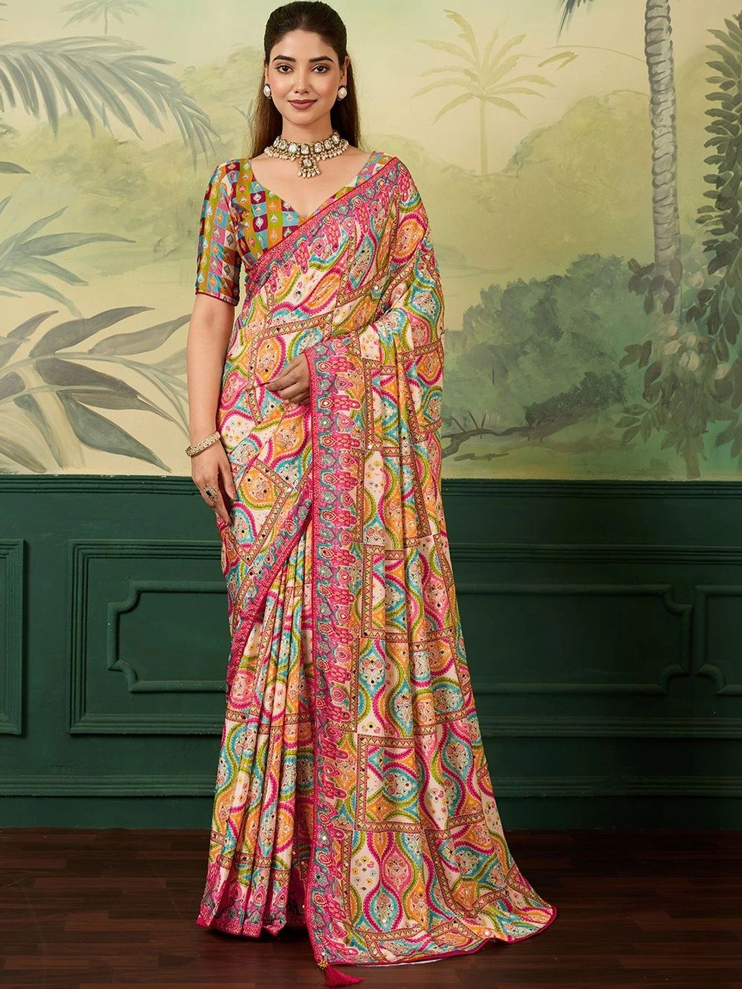 Varanga Ethnic Motifs Embroidered Pure Silk Designer Block Print Saree-picture-10