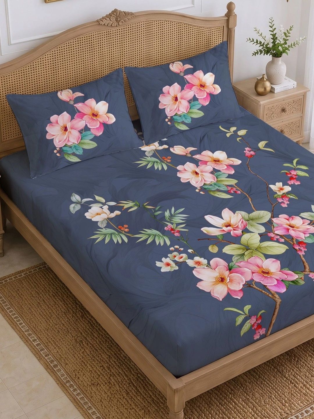 chhavi india blue & pink graphic 210 tc king bedsheet with 2 pillow covers