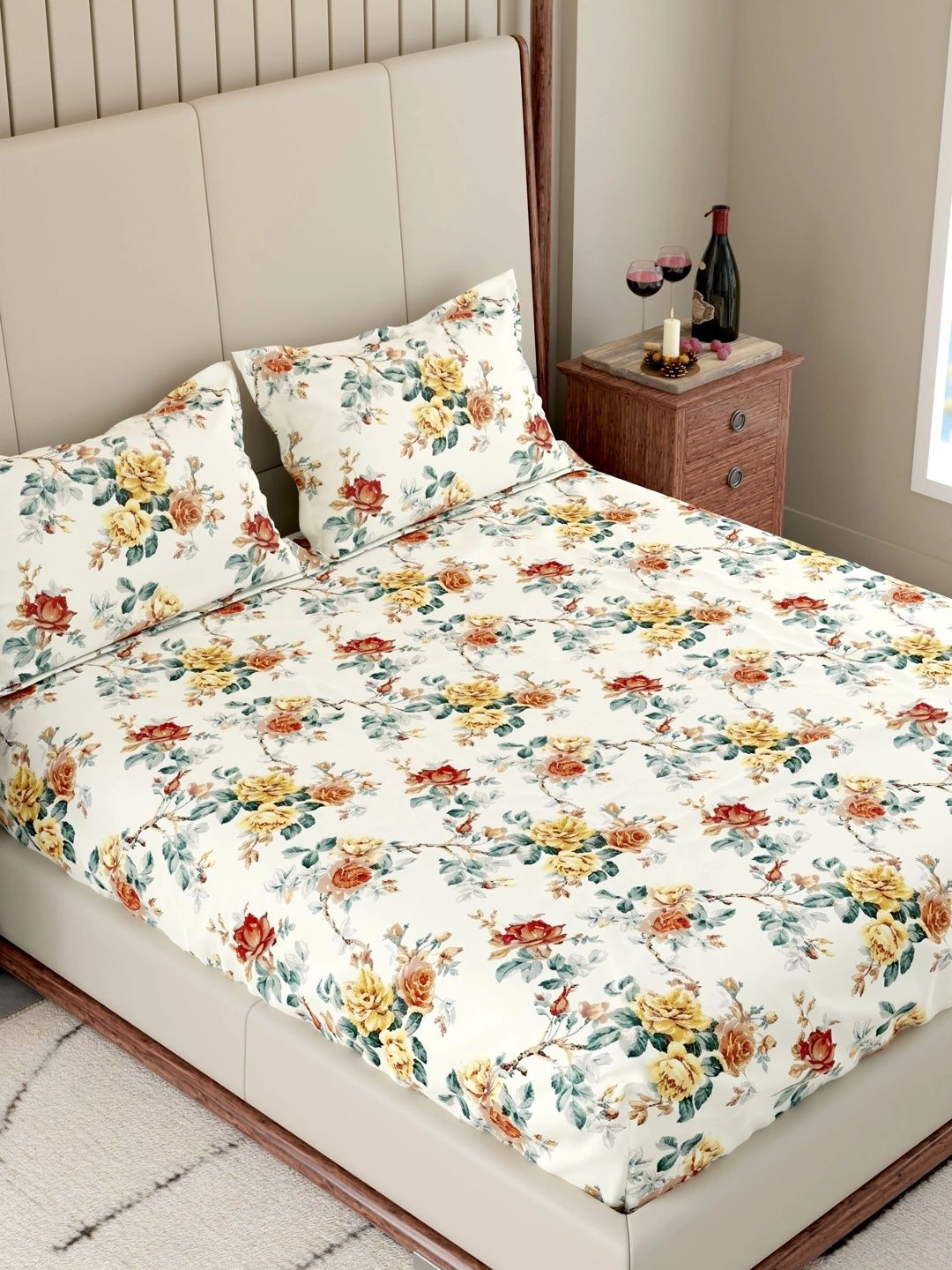 Pure Decor Multicoloured & Multicoloured Floral 300 TC Bedsheet with 2 Pillow Covers-picture-21