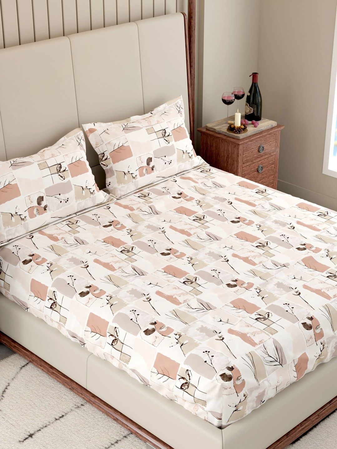 Pure Decor Peach-Coloured & Beige 300 TC Bedsheet with 2 Pillow Covers-picture-15
