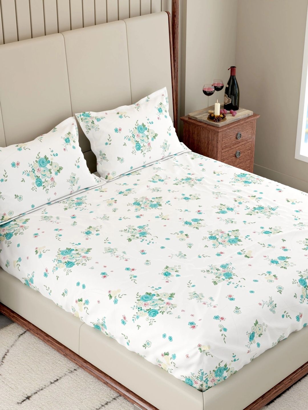 Pure Decor White & Blue Floral 300 TC Bedsheet with 2 Pillow Covers-picture-14