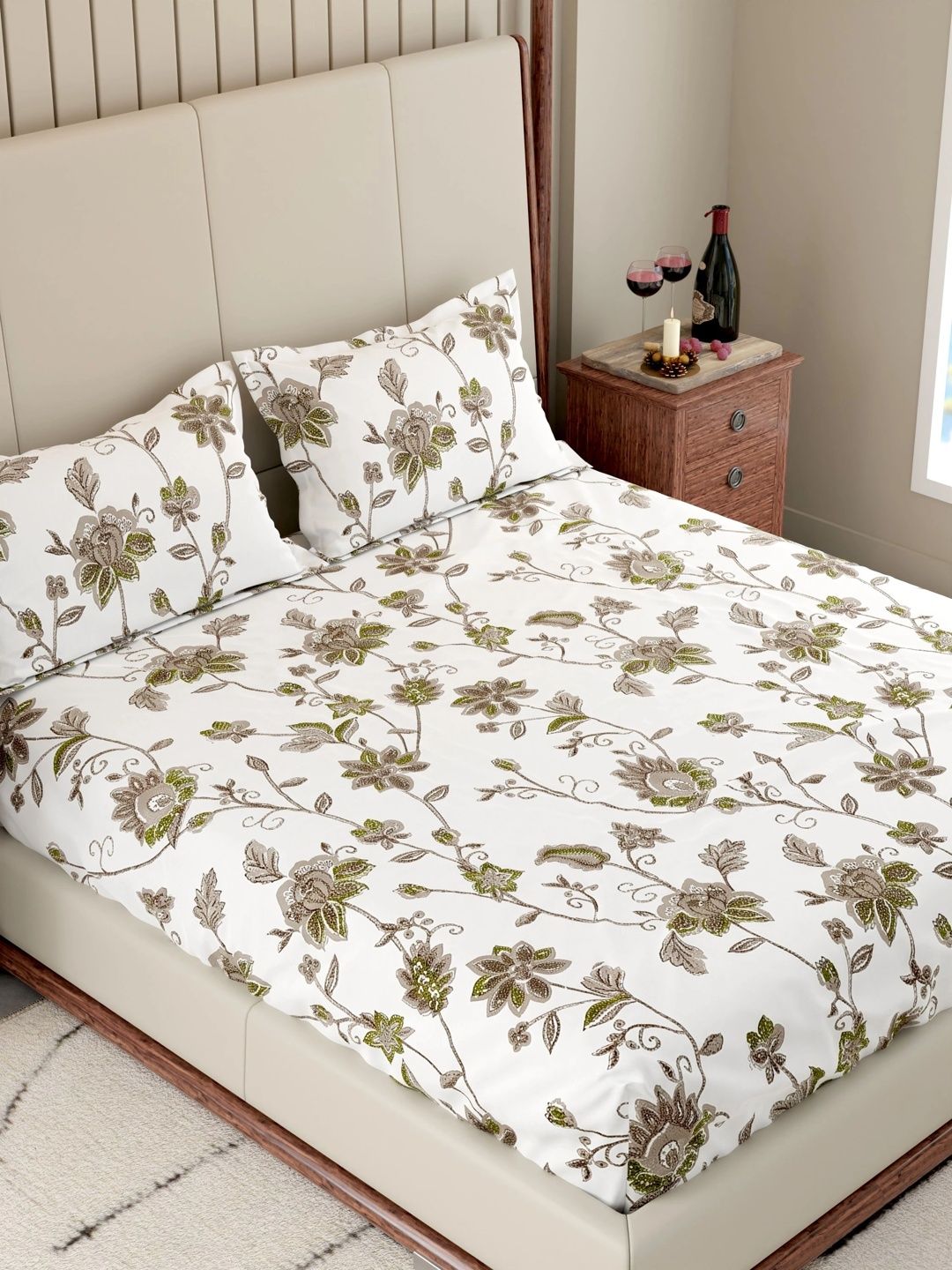 Pure Decor White & Green Floral 300 TC Bedsheet with 2 Pillow Covers-picture-17