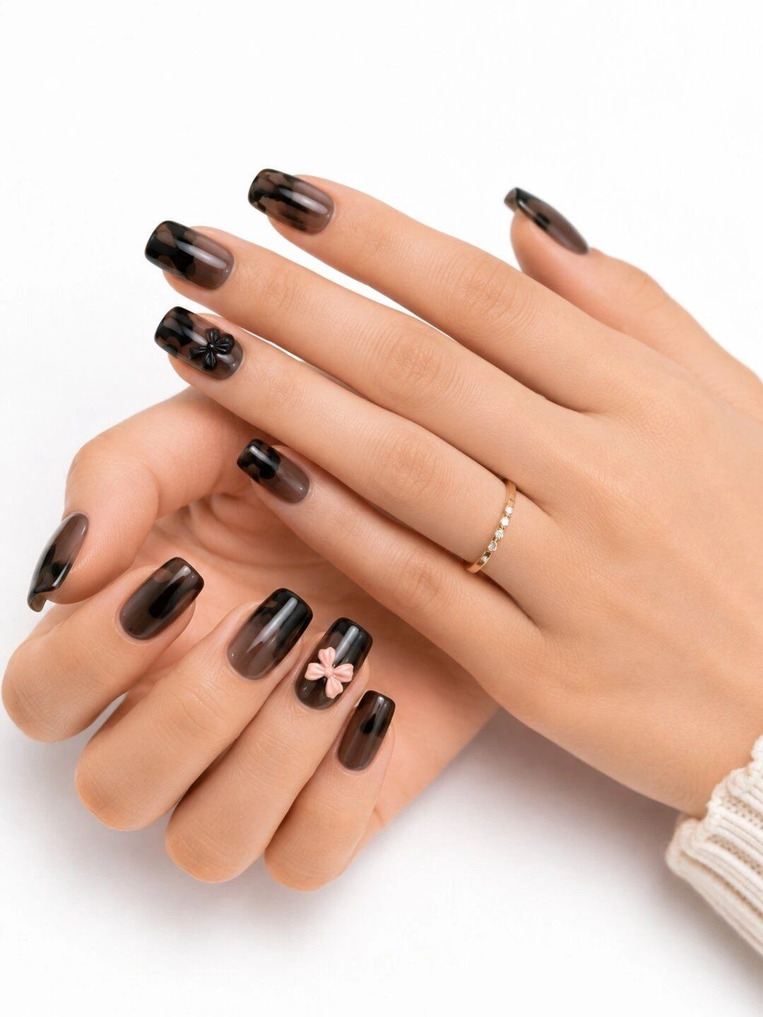 VAGHBHATT Set Of 12 Press-On Nail Extensions with Liquid Glue -Brown & Black with Bow-picture-16