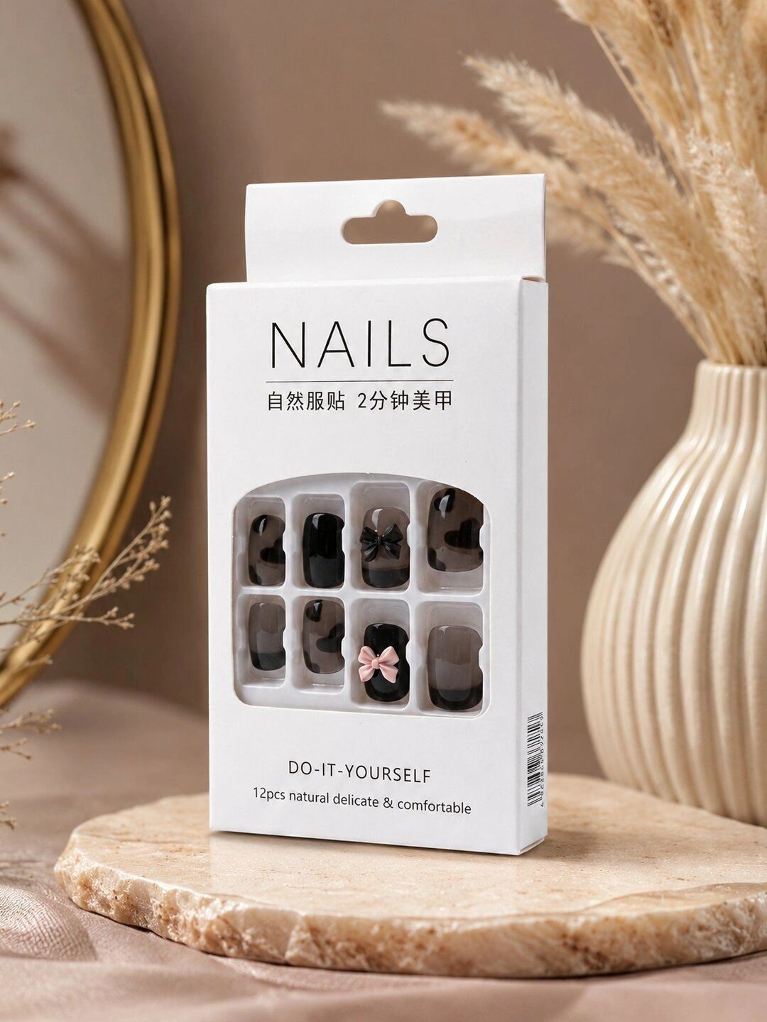 VAGHBHATT Set Of 12 Press-On Nail Extensions with Liquid Glue -Brown & Black with Bow-picture-41
