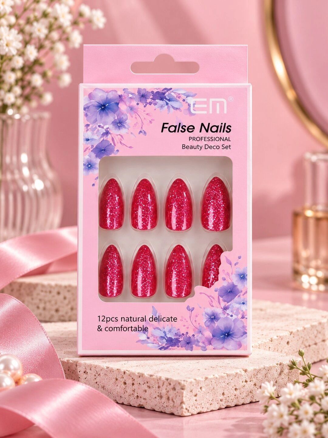 KRENOZ KRENOZ Set Of 12 Press-On Nail Extensions with Liquid Glue - Sparkling Pink