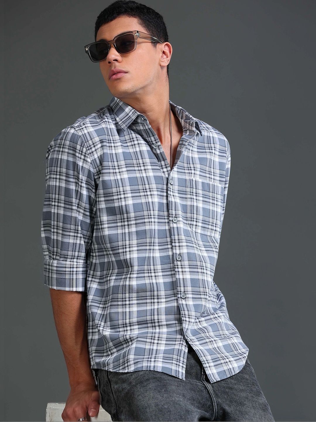 british club men smart tartan checks checked casual shirt