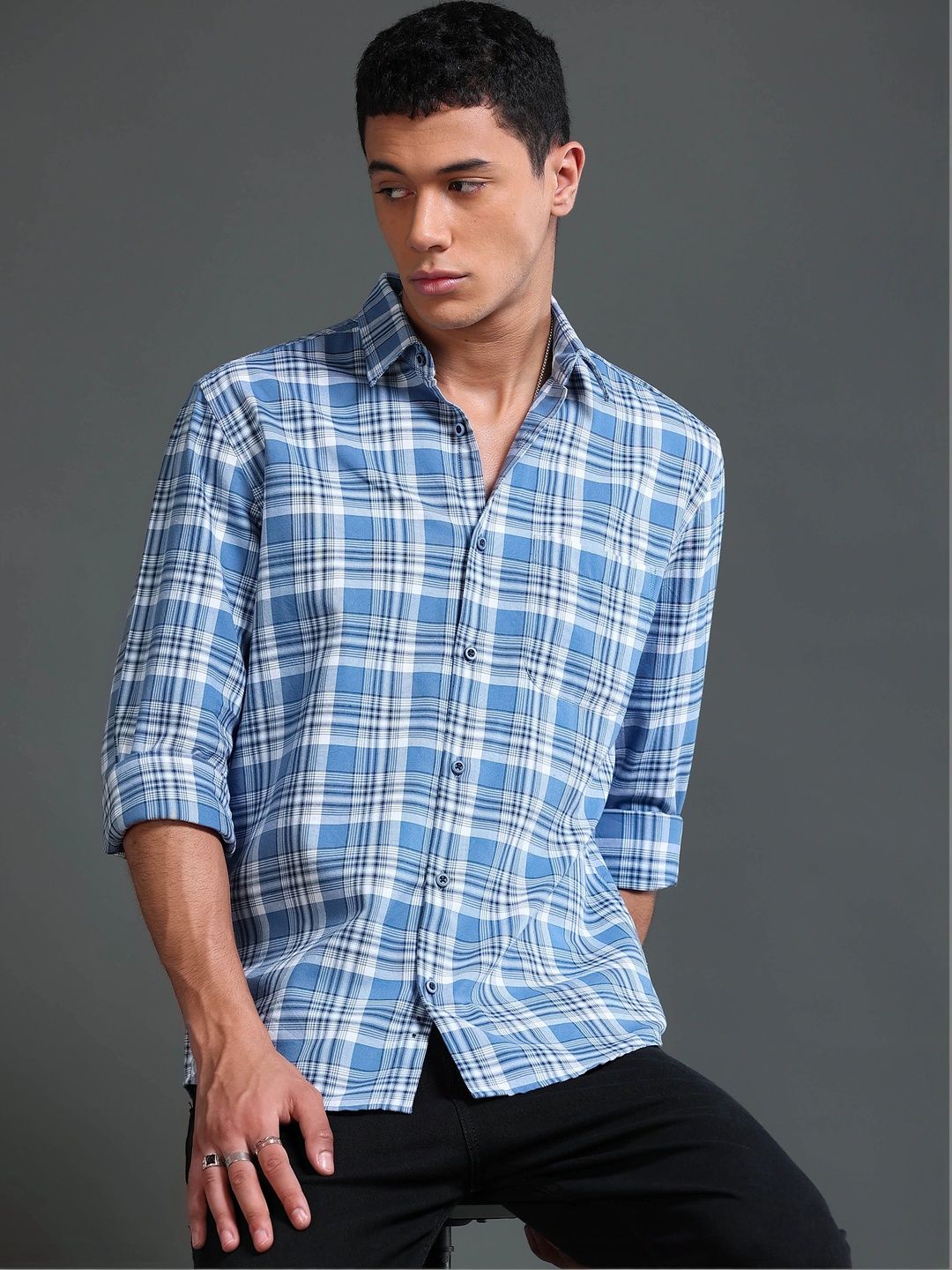 british club men smart checked casual shirt