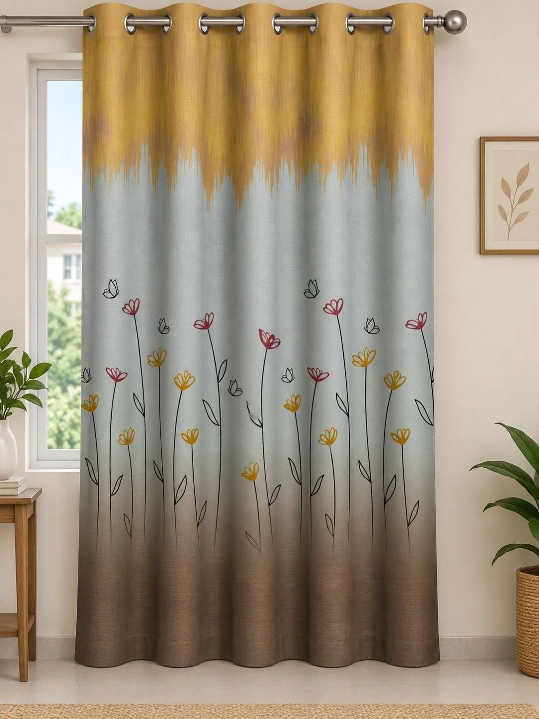 Myntra Elegant Homes Mustard Floral Room Darkening Door Curtain-picture-16