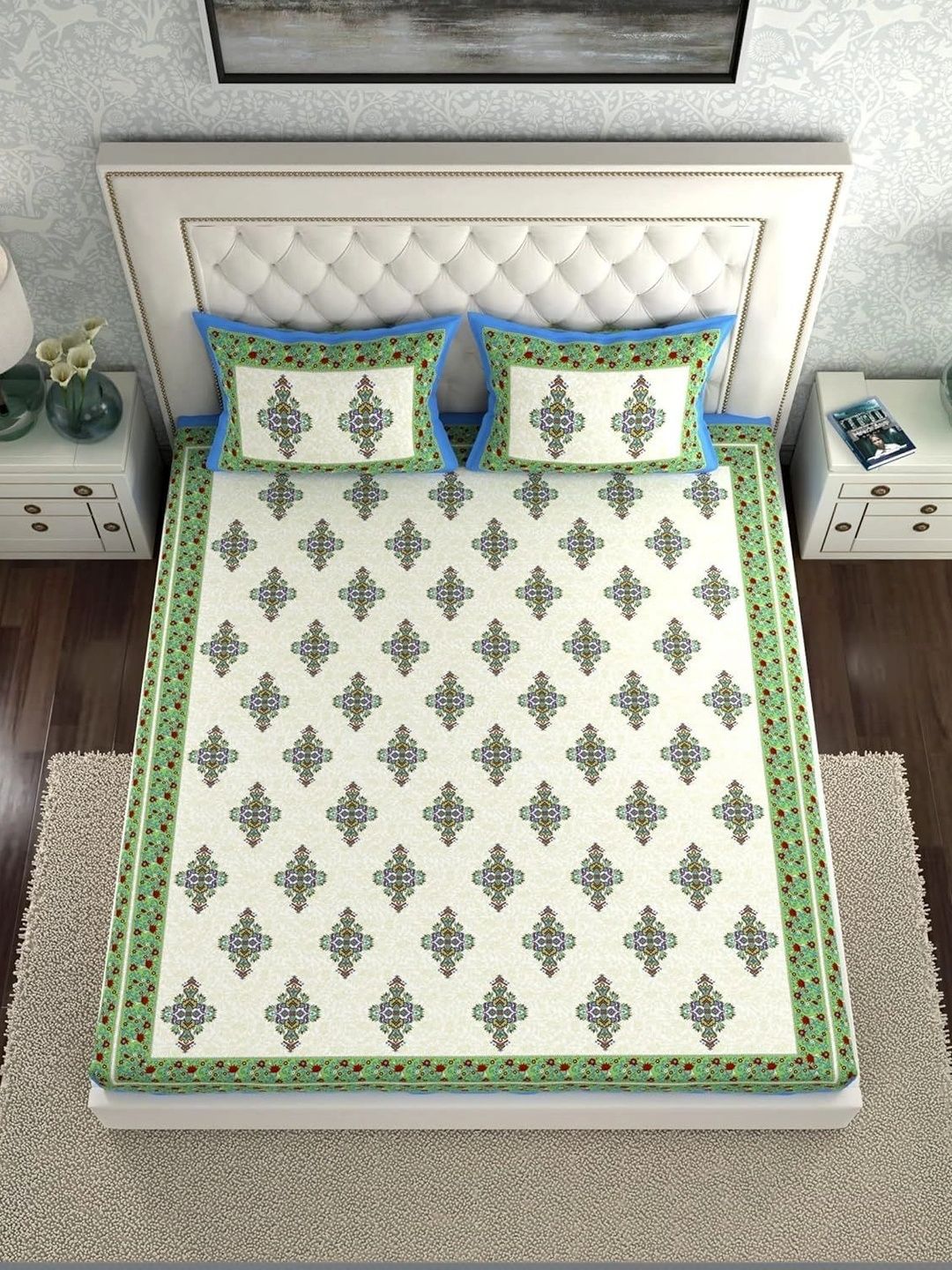 Myntra Elegant Homes Navy Blue & Green Ethnic Motifs 140 TC Bedsheet with 2 Pillow Covers-picture-3