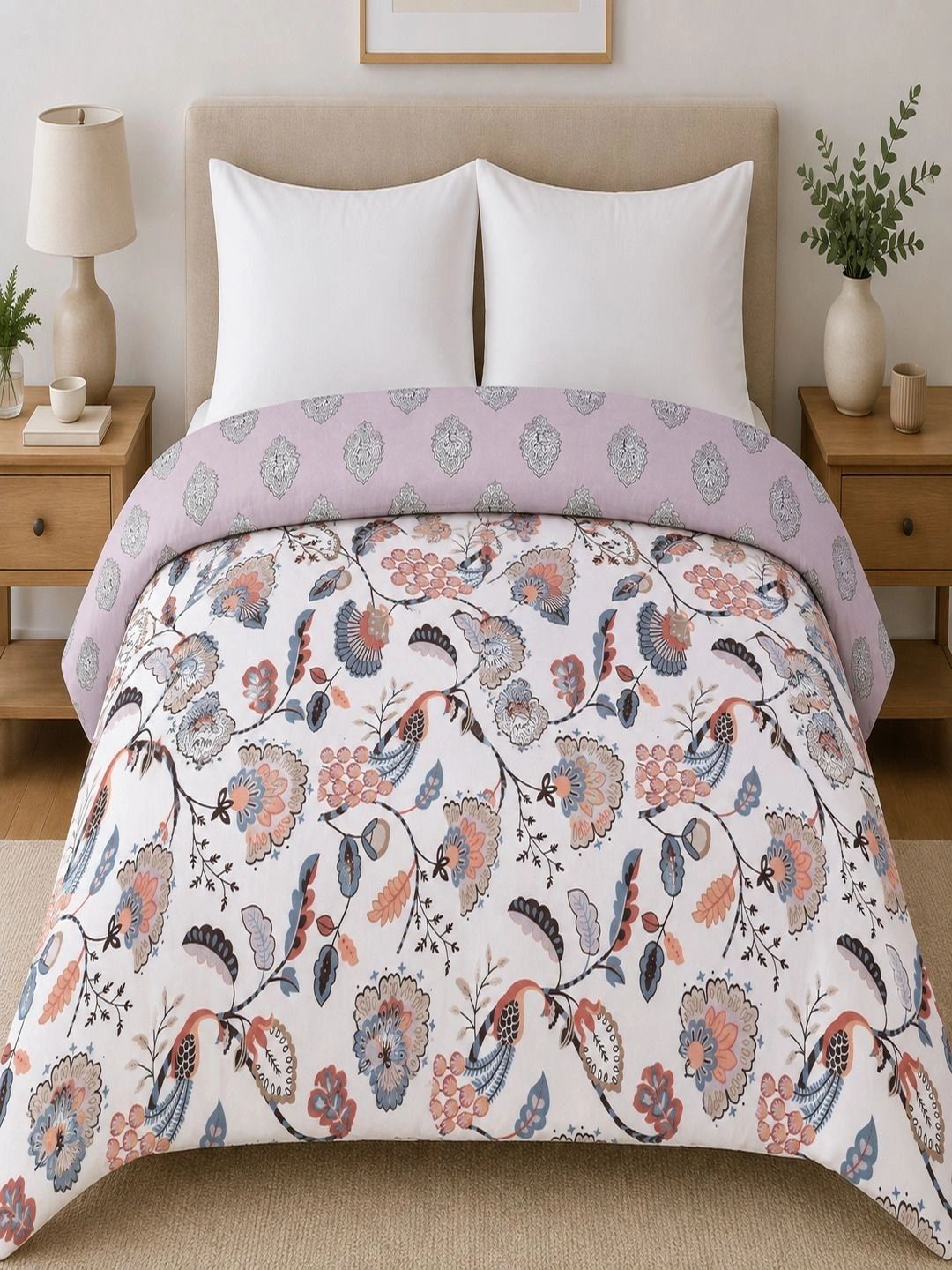 Myntra Elegant Homes White & Peach Printed Cotton Duvet Cover-picture-6