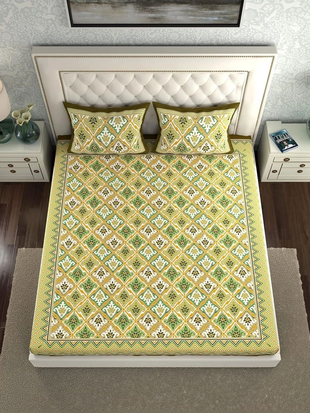 Myntra Elegant Homes Yellow & Green Geometric 140 TC Bedsheet with 2 Pillow Covers-picture-7