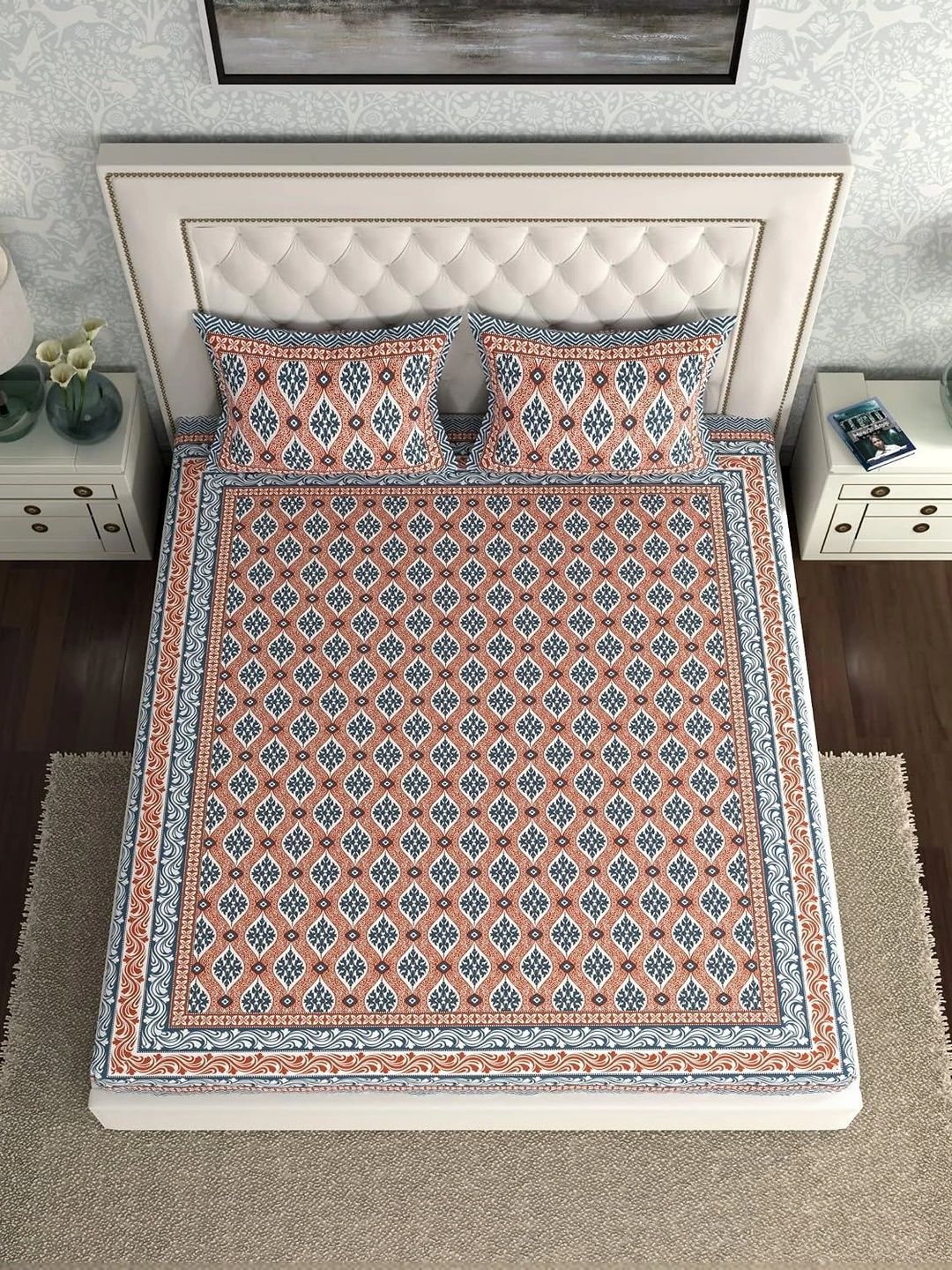 Myntra Elegant Homes Rust & Blue Geometric 140 TC Bedsheet with 2 Pillow Covers-picture-10