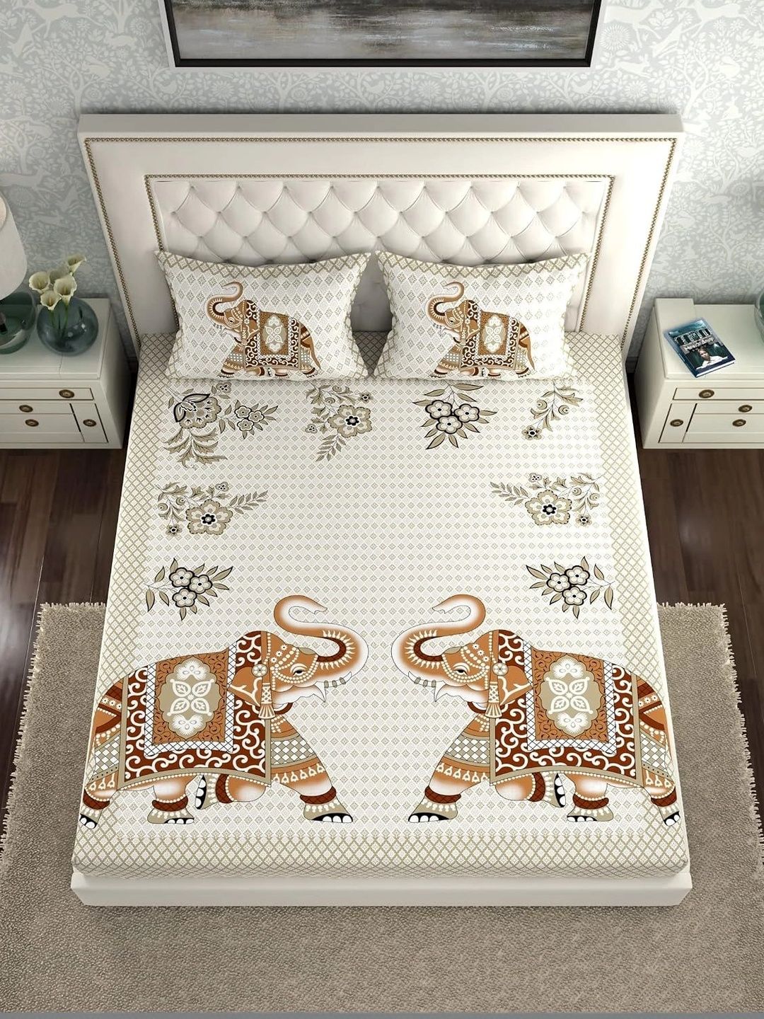 Myntra Elegant Homes White & Brown Geometric 140 TC Bedsheet with 2 Pillow Covers-picture-2