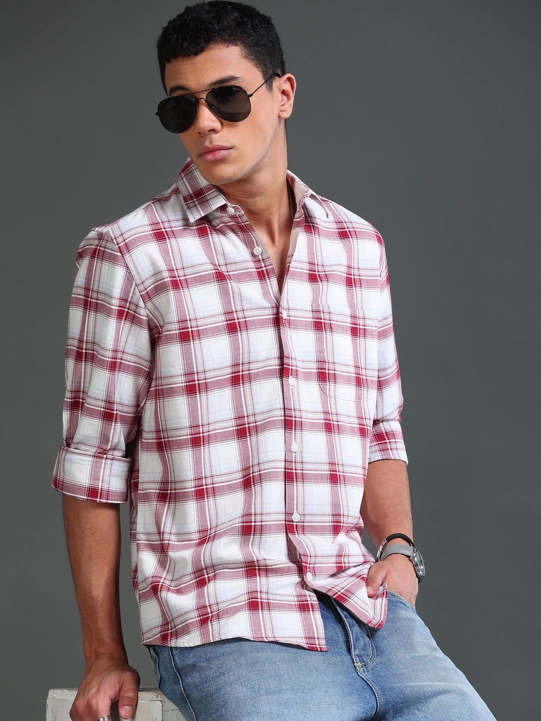 british club men smart tartan checks checked casual shirt